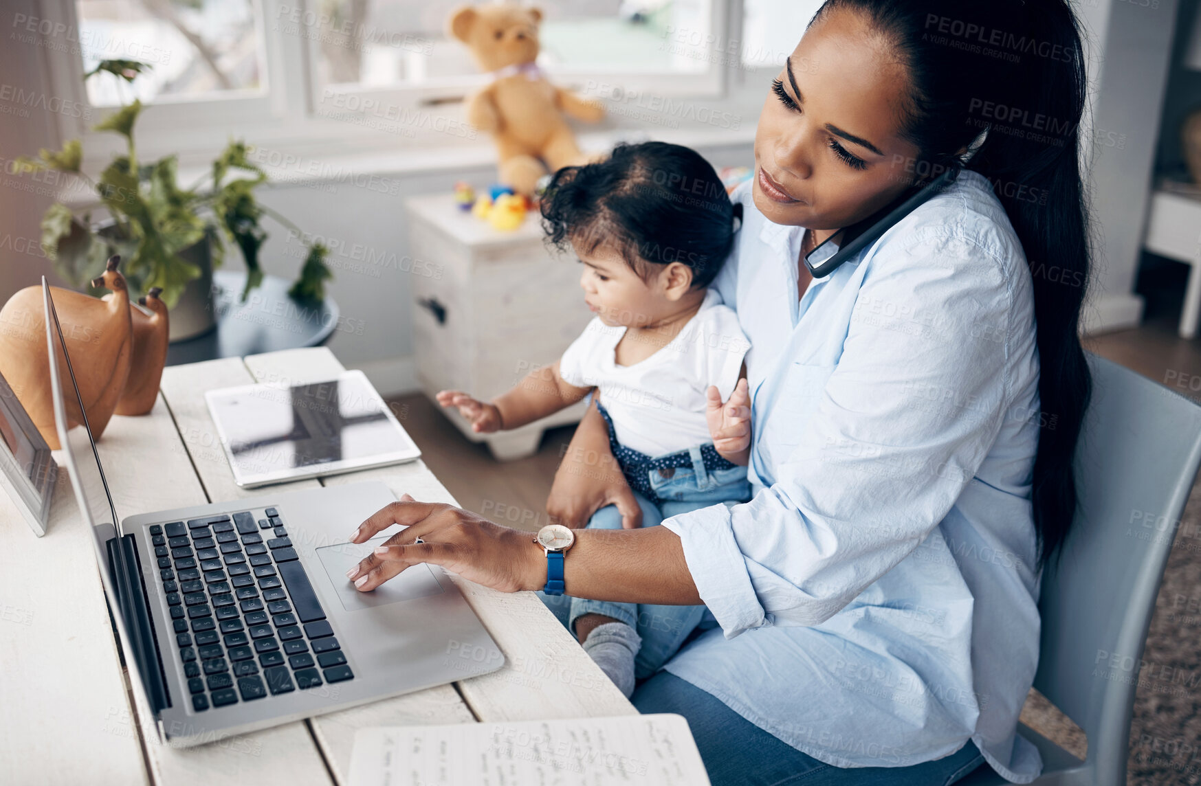 Buy stock photo Mother, baby and multitasking with phone call for remote work, freelance talk or life balance in home. Brand consultant, laptop or juggling child care task for time management and responsibility