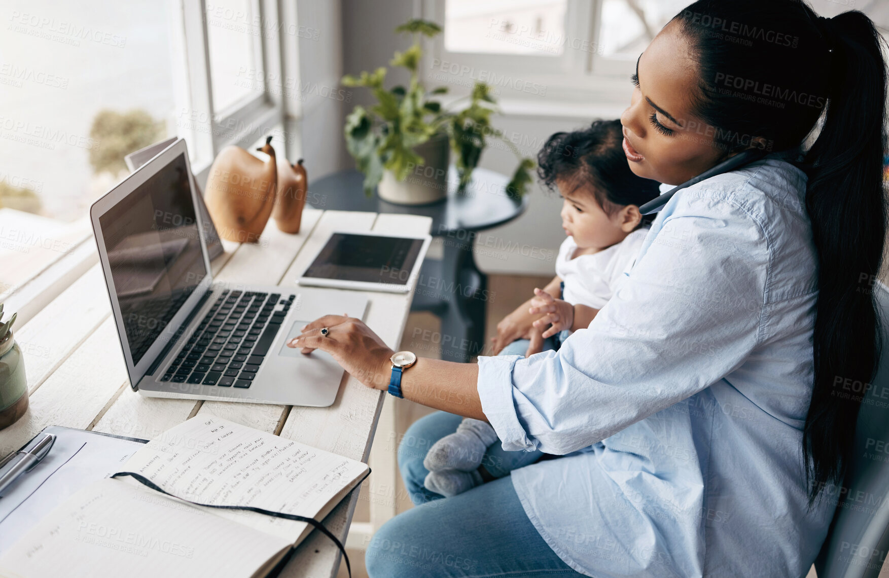 Buy stock photo Mother, baby and laptop multitasking with phone call for remote work, freelance talk or life balance in home. Brand consultant, mom and juggling child care task for time management and responsibility