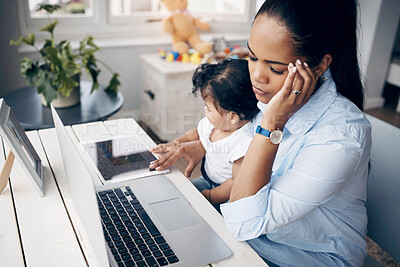 Buy stock photo Frustrated mother, child and laptop multitasking with research for remote work, freelance or life balance. Brand consultant, mom and baby with stress, anxiety and burnout in home with online research