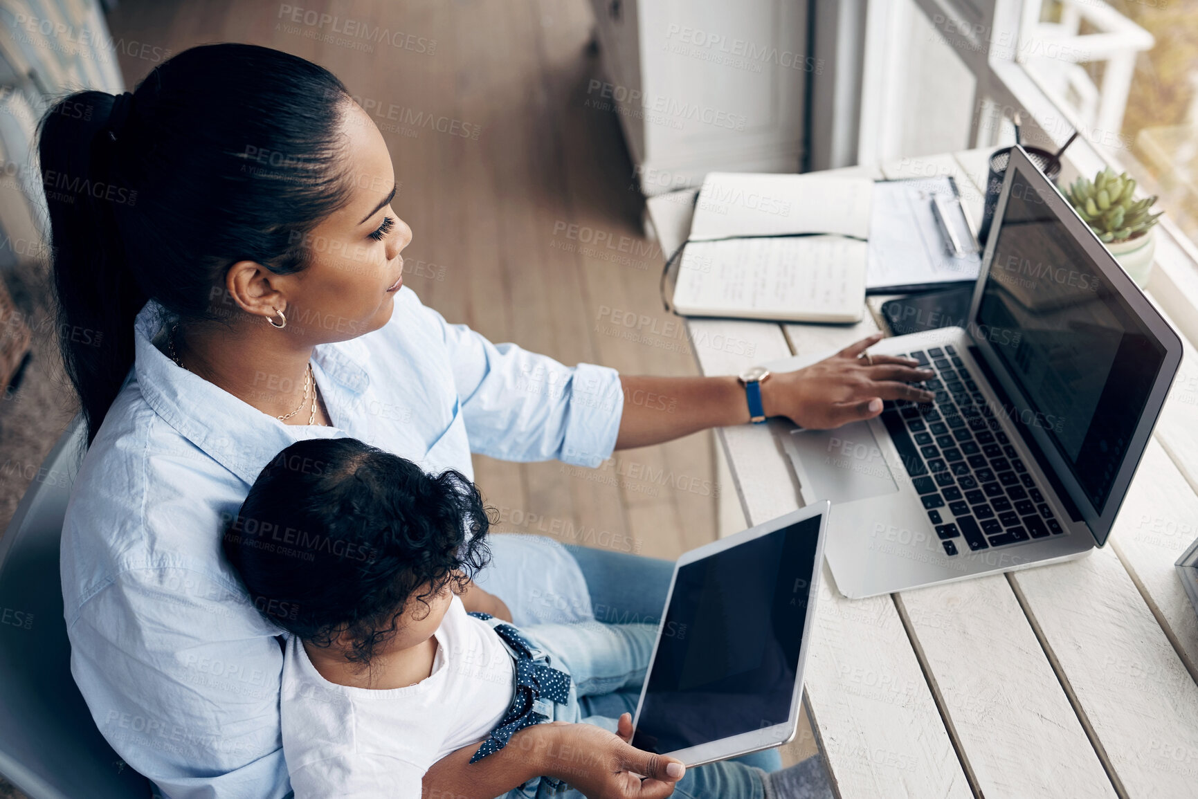 Buy stock photo Mother, baby and laptop multitasking with tablet for remote work, freelance talk or life balance in home. Brand consultant, mom and juggling child care task for time management and responsibility