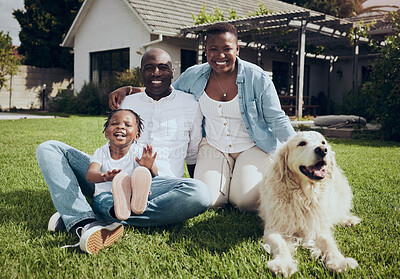 Buy stock photo Portrait, home or family in backyard with dog, mother or dad to relax with child, love or support. Animal, African parents or happy mom with father or girl kid with pet or golden retriever in Namibia