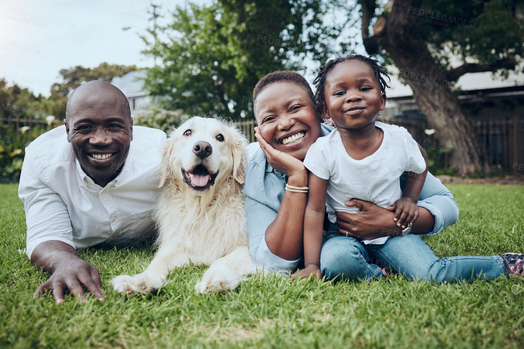 Buy stock photo Portrait, relax or black family in backyard with dog, mother or dad in home with child, love and support. Smile, parents or happy mom with father or girl kid with pet or golden retriever in Ghana