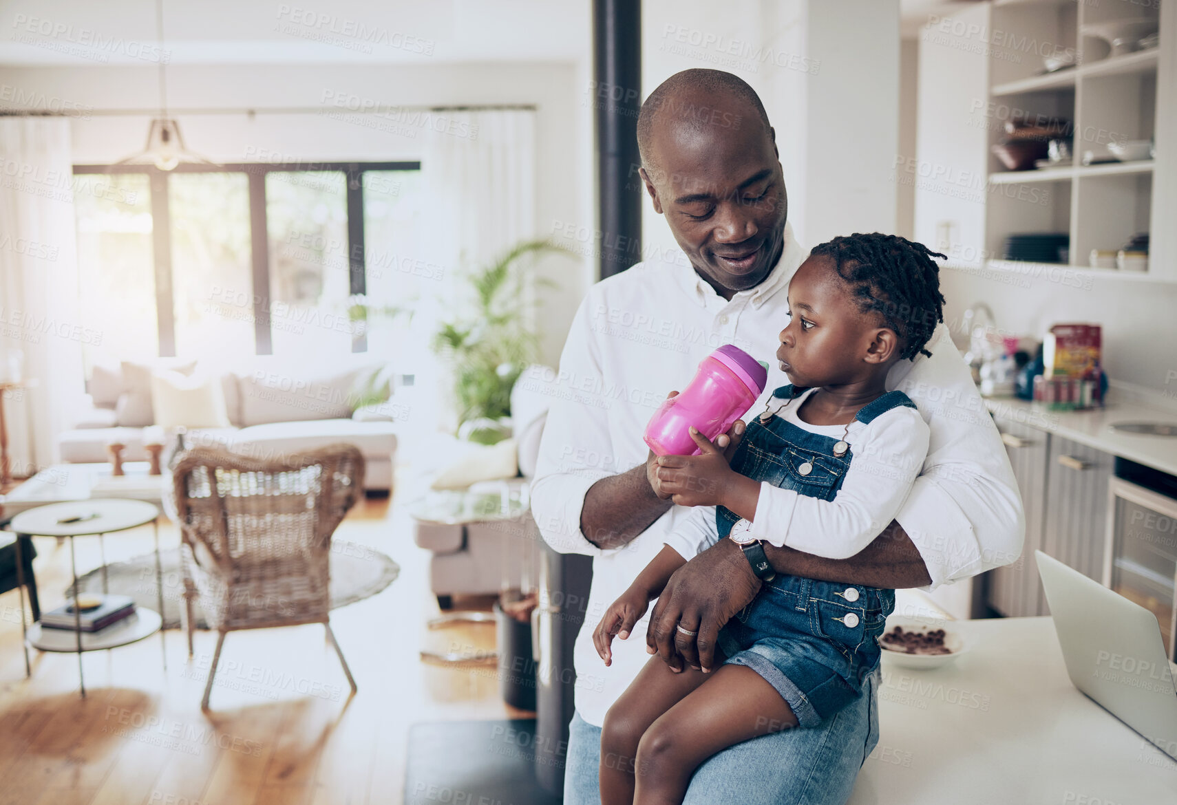 Buy stock photo Black family, father and child a bottle in home for nutrition, hungry or healthy development. People, man or girl kid in kitchen with milk for calcium, fiber and bonding together with support or love