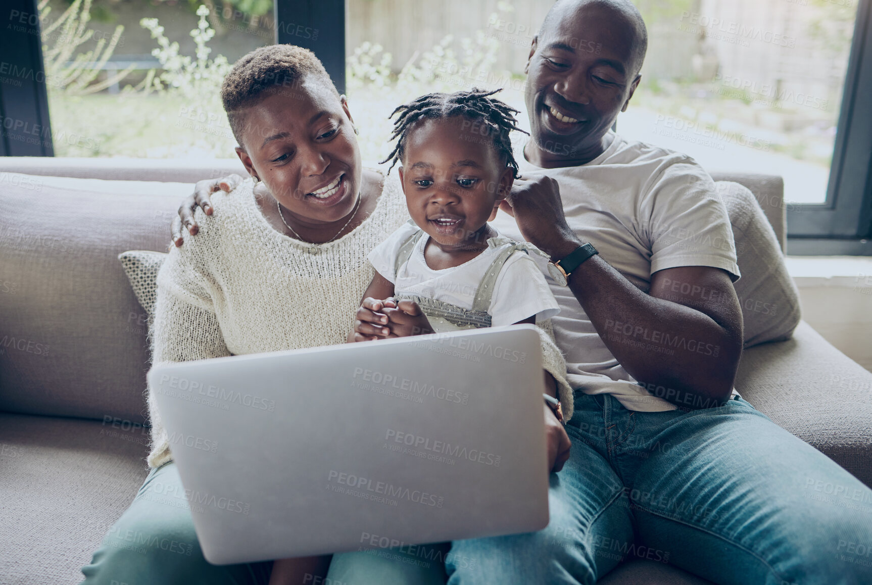 Buy stock photo Black family, movie and kid on laptop in home for cartoon streaming online for film, internet or video on technology. Dad, mom or child on touchscreen for learning development, bonding or daughter