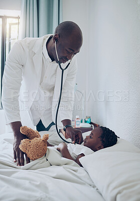 Buy stock photo Shot of a doctor doing a checkup on a sick little girl at home