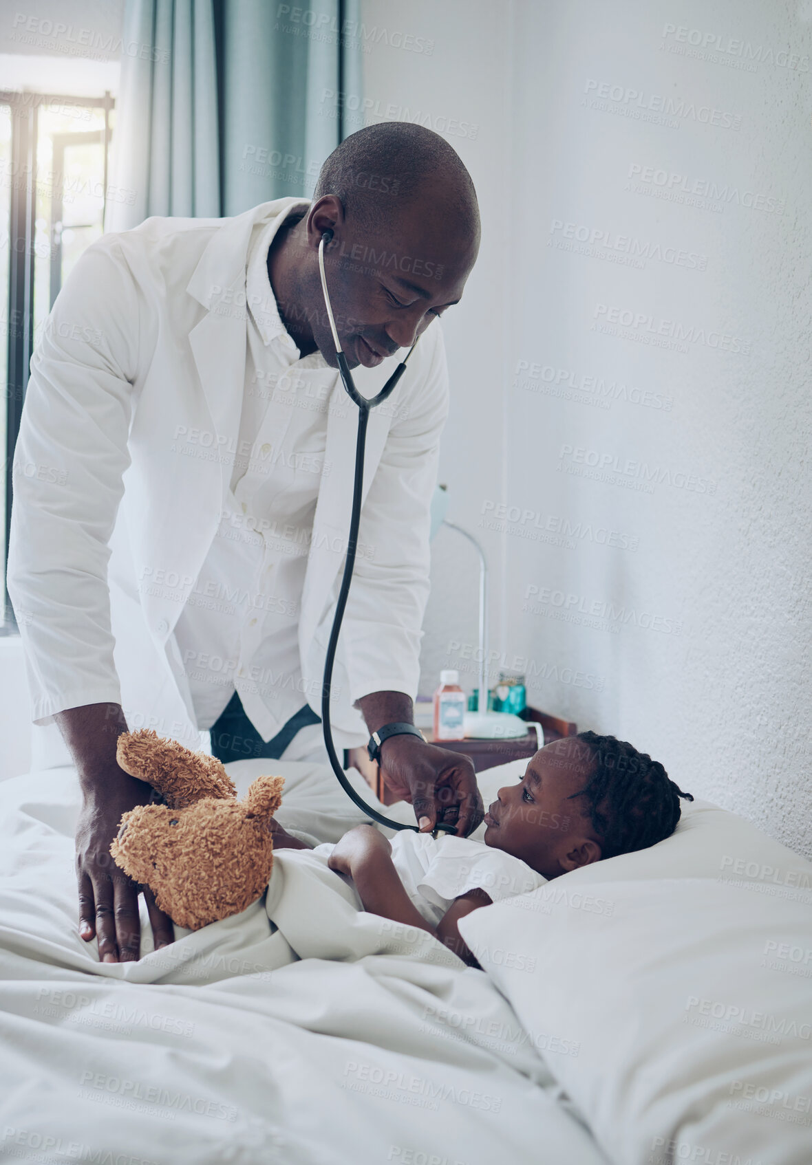 Buy stock photo Doctor, black man and stethoscope for child in home, consultation and check heartbeat of sick kid. Medic, healthcare and listening to breathing for lung assessment, cardiology and pediatrician help