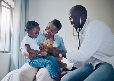 Buy stock photo Doctor, family and stethoscope for teddy bear in home, consultation and check heartbeat of toy. Medic, healthcare and listening to breathing for lung assessment, playful cardiology and pediatrician