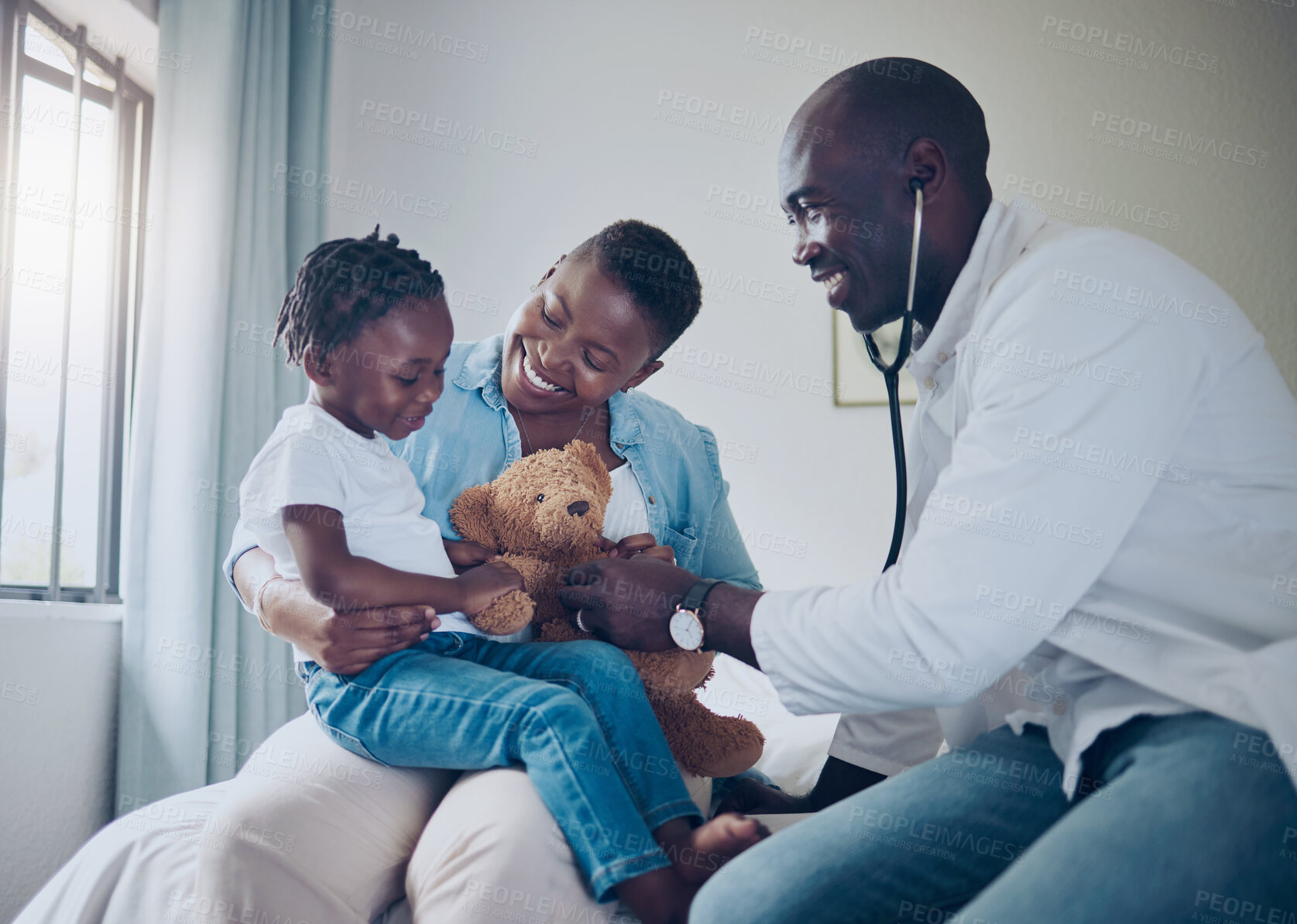 Buy stock photo Doctor, family and stethoscope for teddy bear in home, consultation and check heartbeat of toy. Medic, healthcare and listening to breathing for lung assessment, playful cardiology and pediatrician