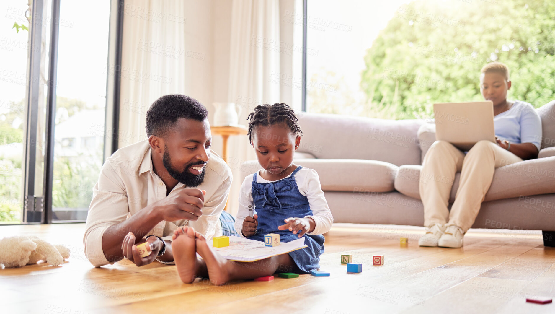 Buy stock photo African father, daughter and floor for drawing, building blocks and learning together with help, love and care in lounge. Black man, girl and teaching with toys, book and helping hand in family home