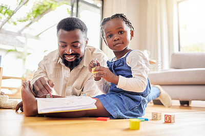 Buy stock photo African dad, daughter and floor for drawing, building blocks and learning together with help, love and care in lounge. Black man, girl and teaching with toys, notebook and portrait in family house