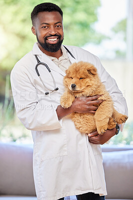Buy stock photo Black man, vet and portrait with puppy for clinic, medical and animal support with a smile. Happy, African male person and veterinarian employee with a cute dog and professional with care at job