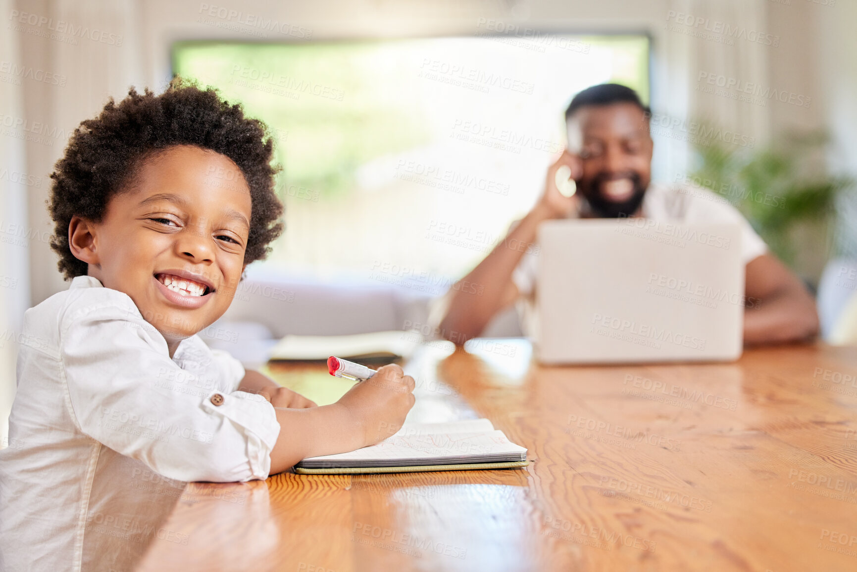 Buy stock photo Family, portrait of kid for help with homework, learning and child development in living room of home. Son, dad and pen for writing, education and knowledge support with teaching and drawing at table