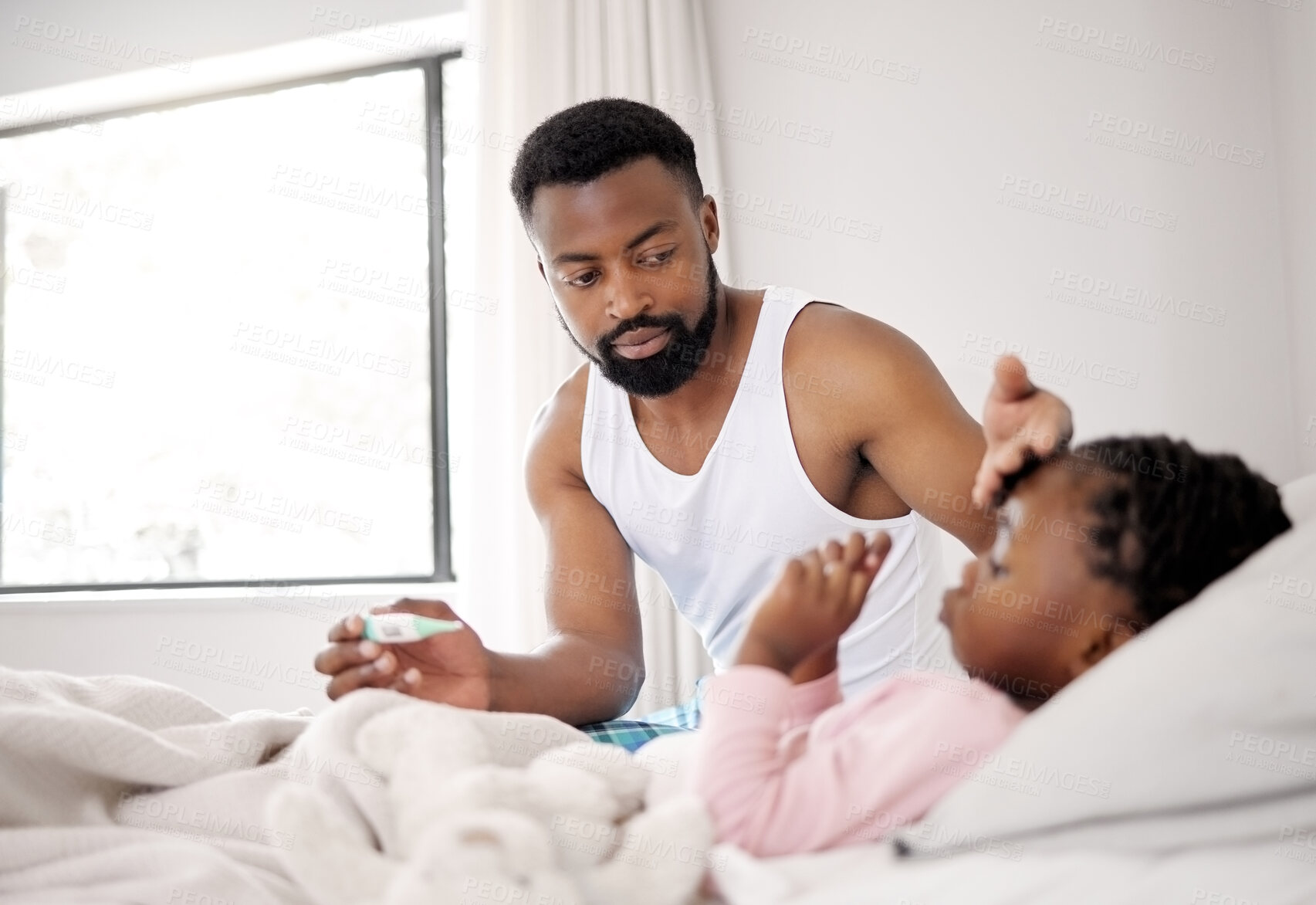 Buy stock photo Black family, thermometer and father of sick child in home bedroom with allergy, covid or virus. Dad, kid and check temperature in bed with care in medical health test for bacteria, disease or flu