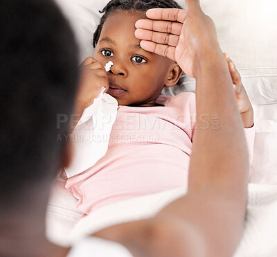 Buy stock photo Shot of a father caring for his sick daughter at home