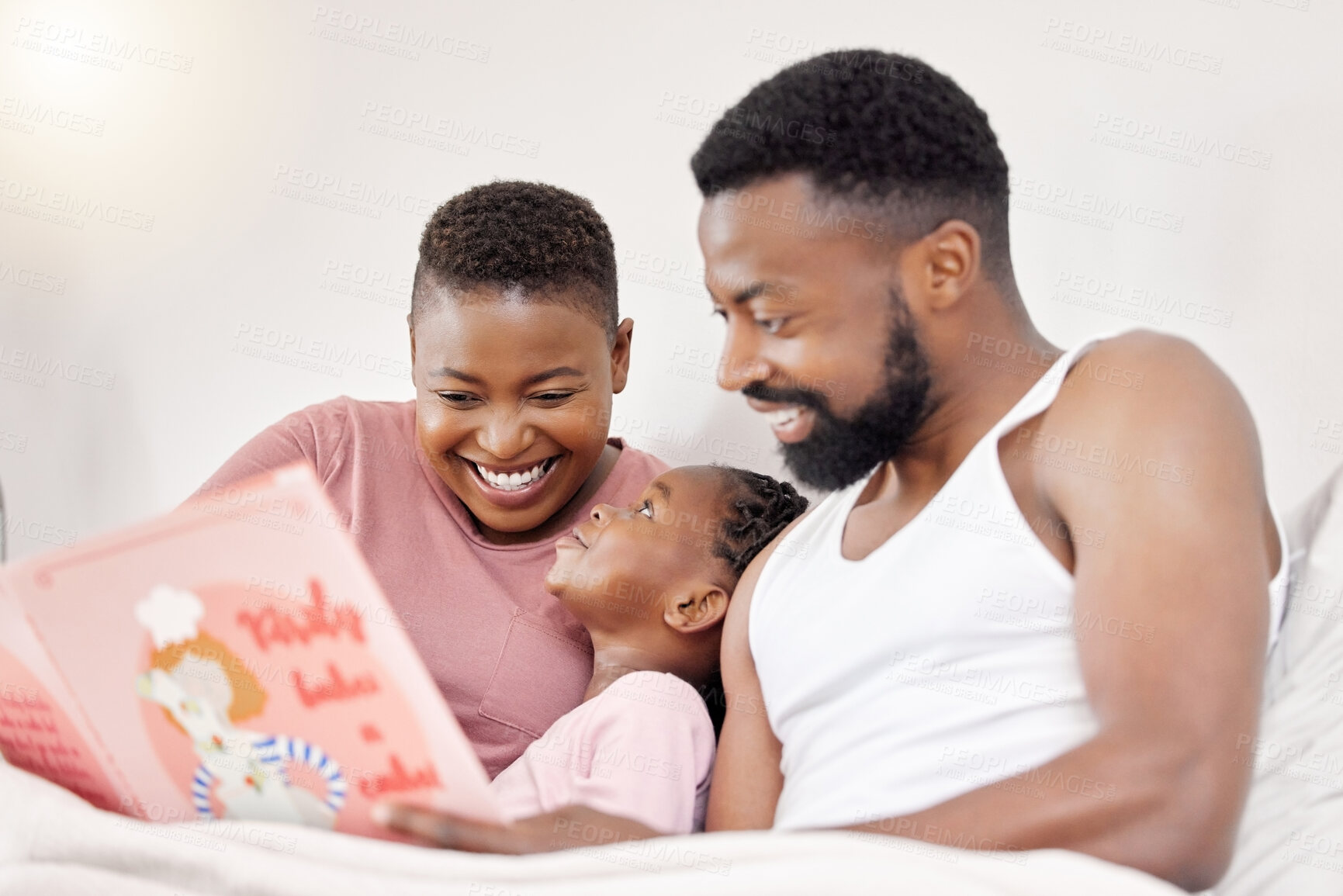 Buy stock photo Parents, reading and child with book in bed for learning language in story and education in home. Happy, black family or kid with question for fairytale and development of literacy with mom and dad