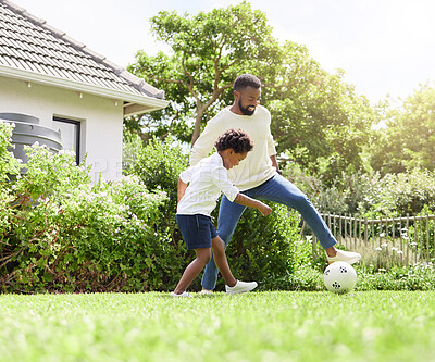 Buy stock photo Soccer, father and happy kid on garden with sun, sport learning and goal kick together. Lawn, fun game and black family with football on grass with youth, sports development and bonding on field