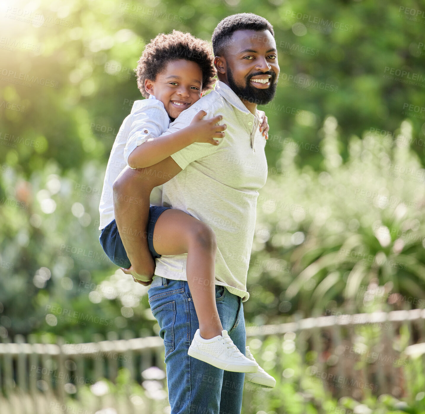 Buy stock photo Father, son and portrait in outdoor piggyback, support and carrying game in nature on vacation. Black family, boy and daddy for bonding in woods or park, adventure and support for play in forest