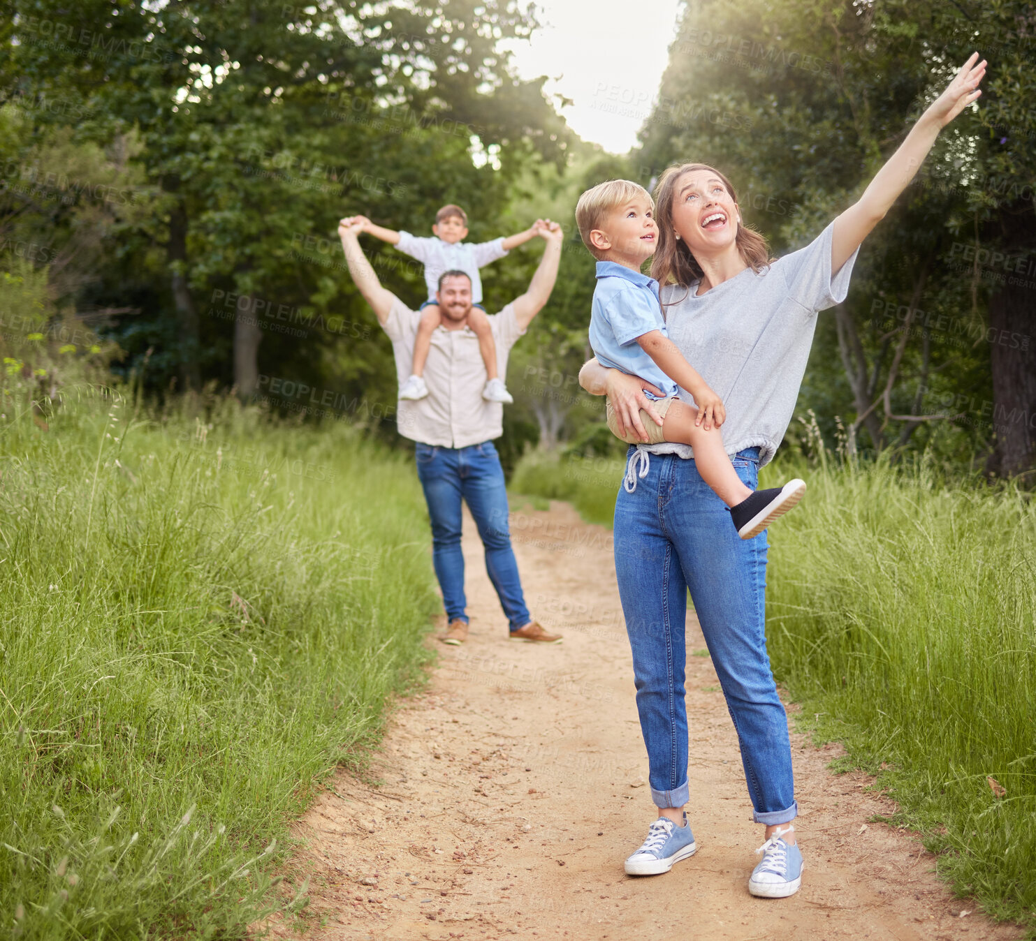 Buy stock photo Smile, family and walking in nature in outdoor for fun on weekend trip in environment for bonding together with love or care. People, mother and son with dad for adventure or holiday joy in summer.