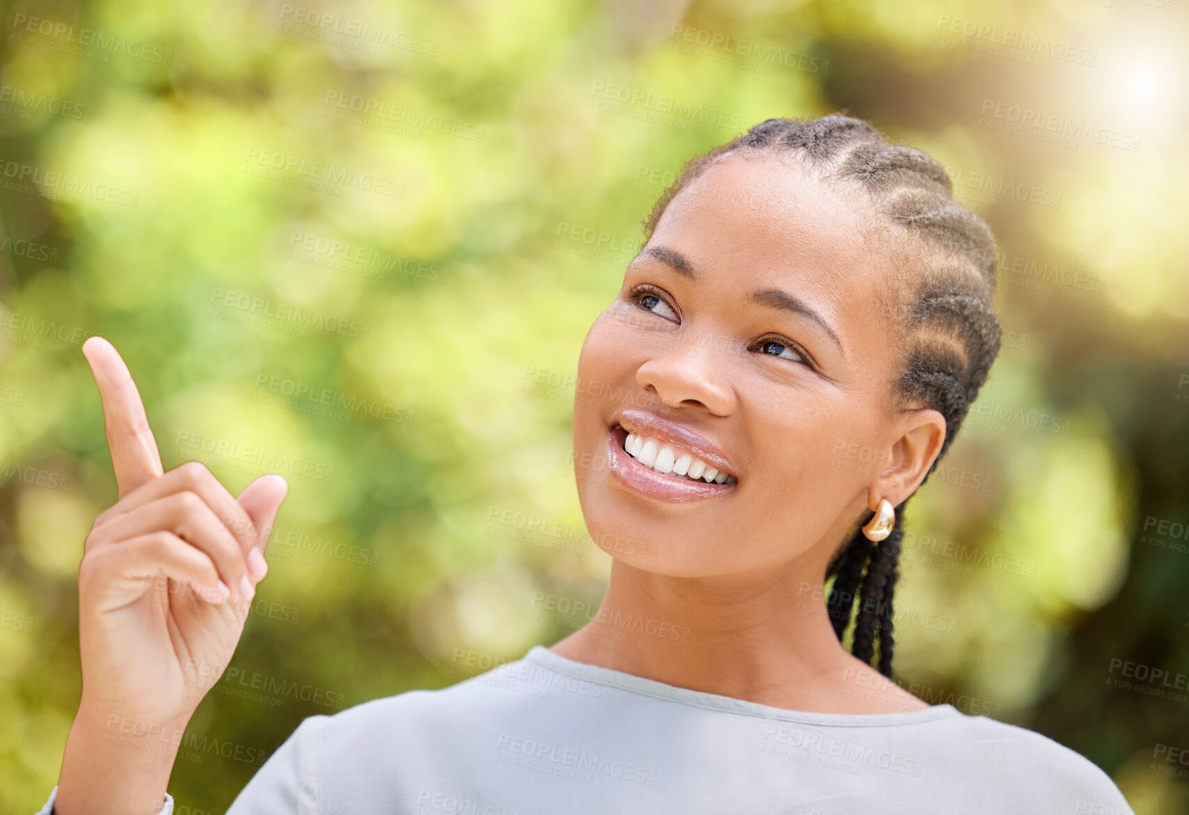 Buy stock photo Smile, black woman and pointing in nature outdoor on holiday, vacation or show garden for sightseeing in summer. Happy person, hand gesture and direction in park on adventure, thinking and dream