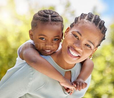 Buy stock photo Piggyback, african mother and daughter in park portrait with smile, game or happiness with love in summer sunshine. Black woman, mom and girl with hug, happy and outdoor together in garden on holiday