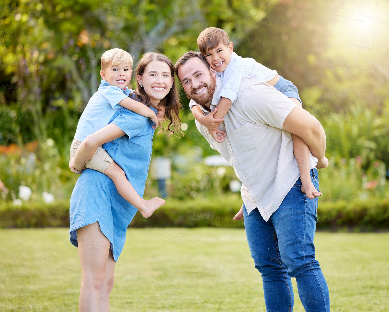 Buy stock photo Smile, piggyback and portrait of family in nature with hug, love and care for bonding together. Happy, fun and boy children playing with parents in outdoor park, field or garden in Australia.