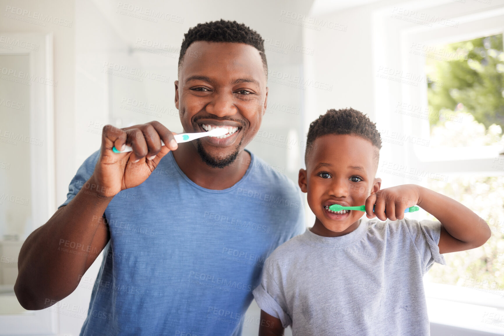 Buy stock photo Portrait of a dad brushing his teeth with his child for dental care, health and wellness in the bathroom. Oral hygiene, teaching and young father doing morning mouth routine with his boy kid at home.