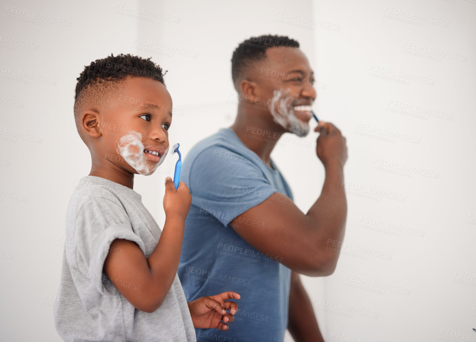 Buy stock photo Father, son and shaving in bathroom for child development with black family in house, teaching and happiness. Morning, routine and hygiene with razor for grooming with skincare, bonding and mentor.