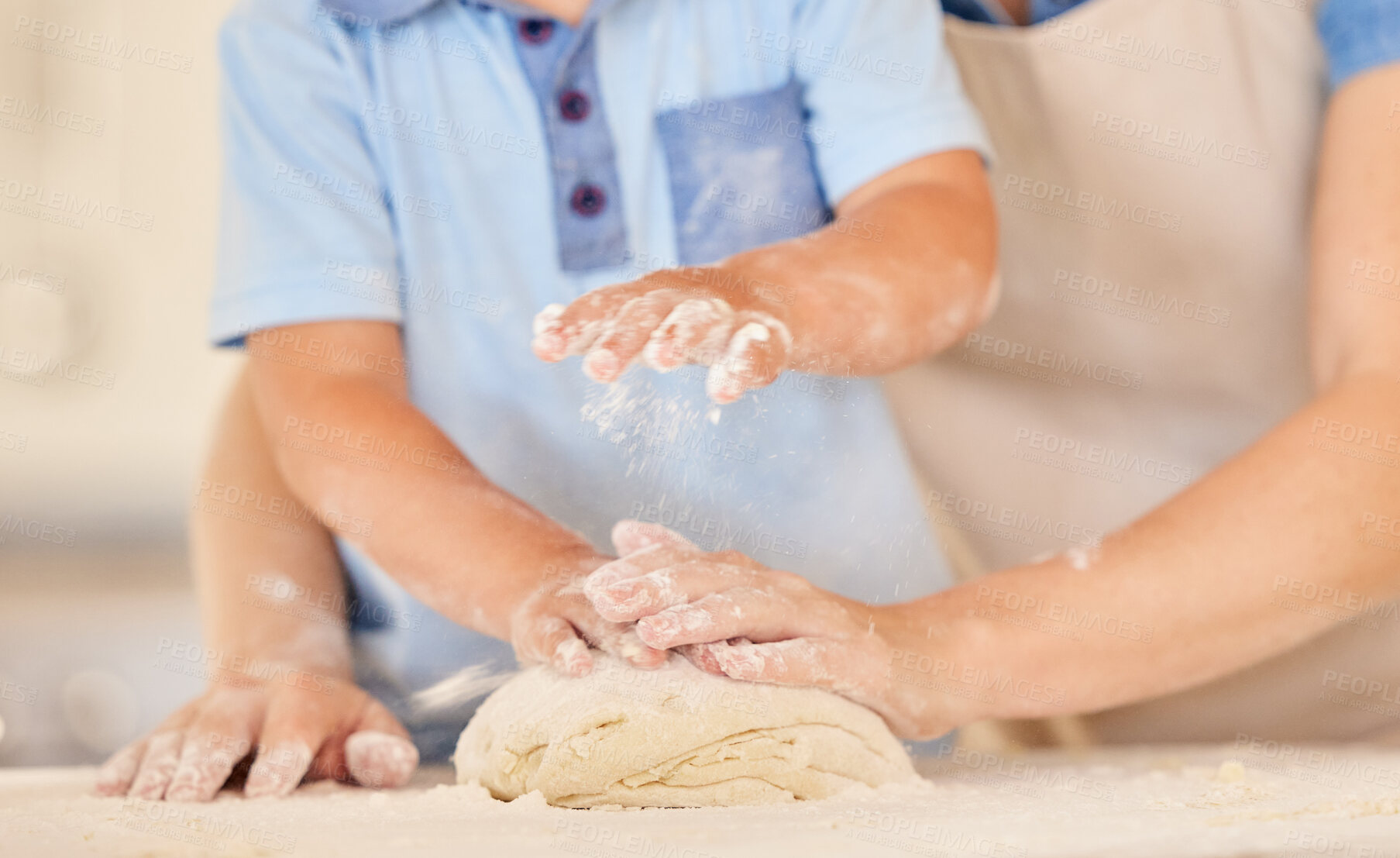 Buy stock photo Hands, child and baking dough in kitchen for learning, cooking and teaching baking skills with flour together. Family,  bonding and baker as chef at house for bakery, dinner and growth as childhood