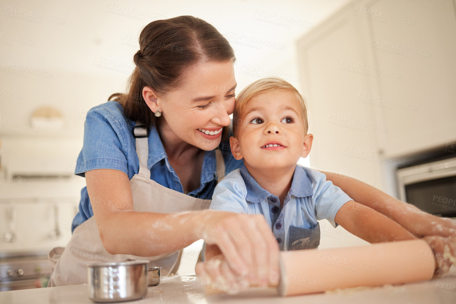 Buy stock photo Mother, son and rolling dough or baking, flour and pastry or food preparation in kitchen. Happy mommy, boy and support in child development, bonding and learning skill or ingredients for cooking