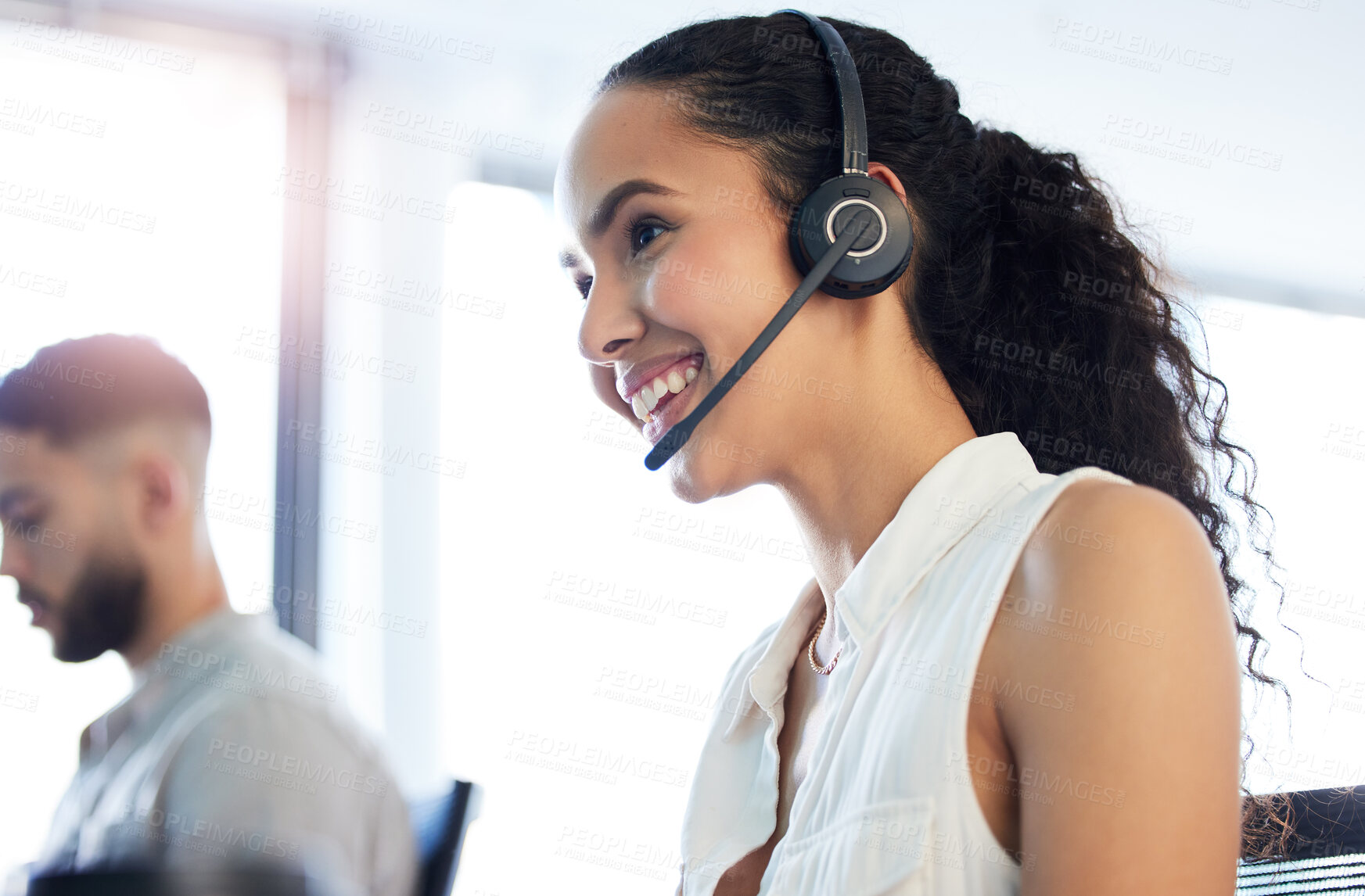 Buy stock photo Call center, help desk or happy woman in contact support for communication, questions or customer service. Inbound sales, lead generation or virtual assistant with insurance advice, smile or headset 