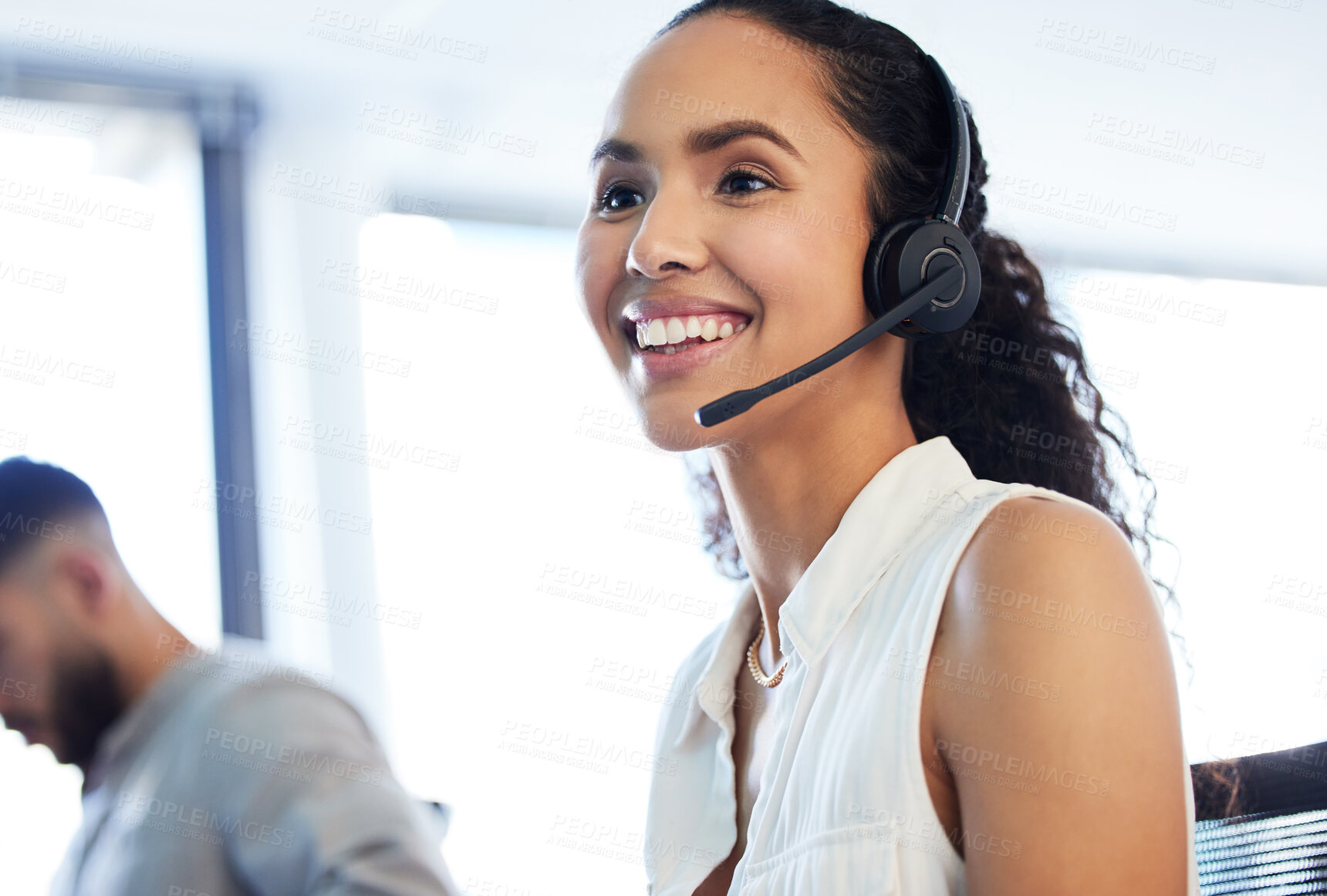 Buy stock photo Call center, help desk or happy woman in customer support for communication, questions or contact service. Inbound sales, lead generation or virtual assistant with insurance advice, smile or headset 