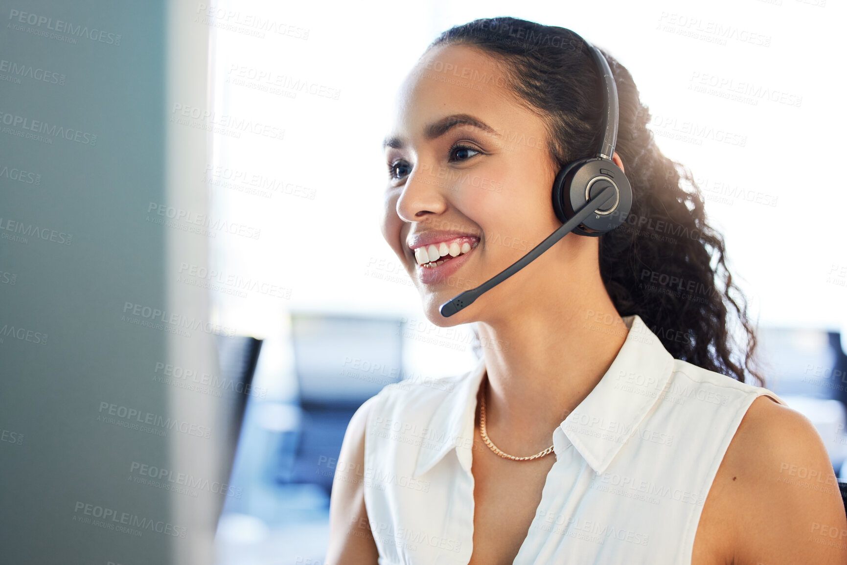 Buy stock photo Call center, advisor or happy woman in customer support for communication, questions or contact service. Inbound sales, lead generation or virtual assistant with insurance advice, smile or headset