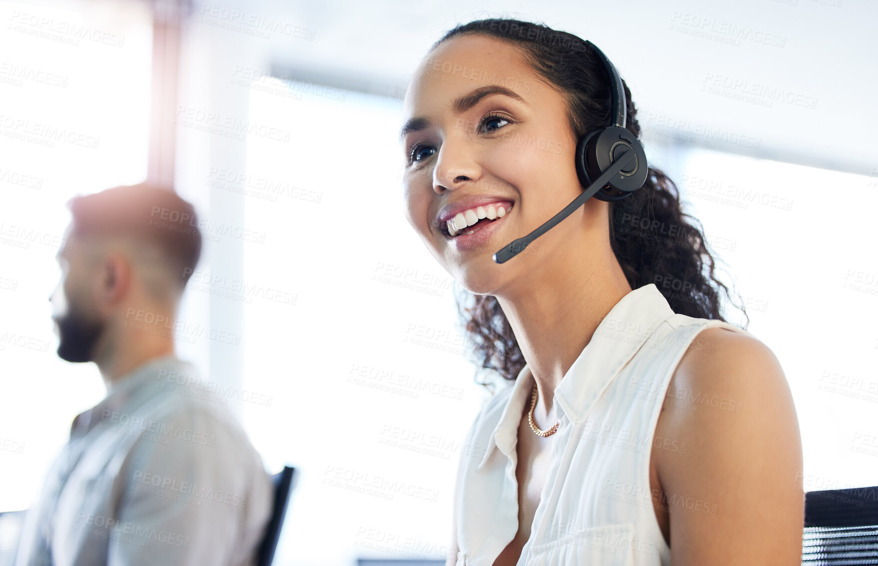 Buy stock photo Call center, sales or happy woman in customer support for communication, questions or contact service. Inbound help desk, lead generation or virtual assistant with insurance advice, smile or headset