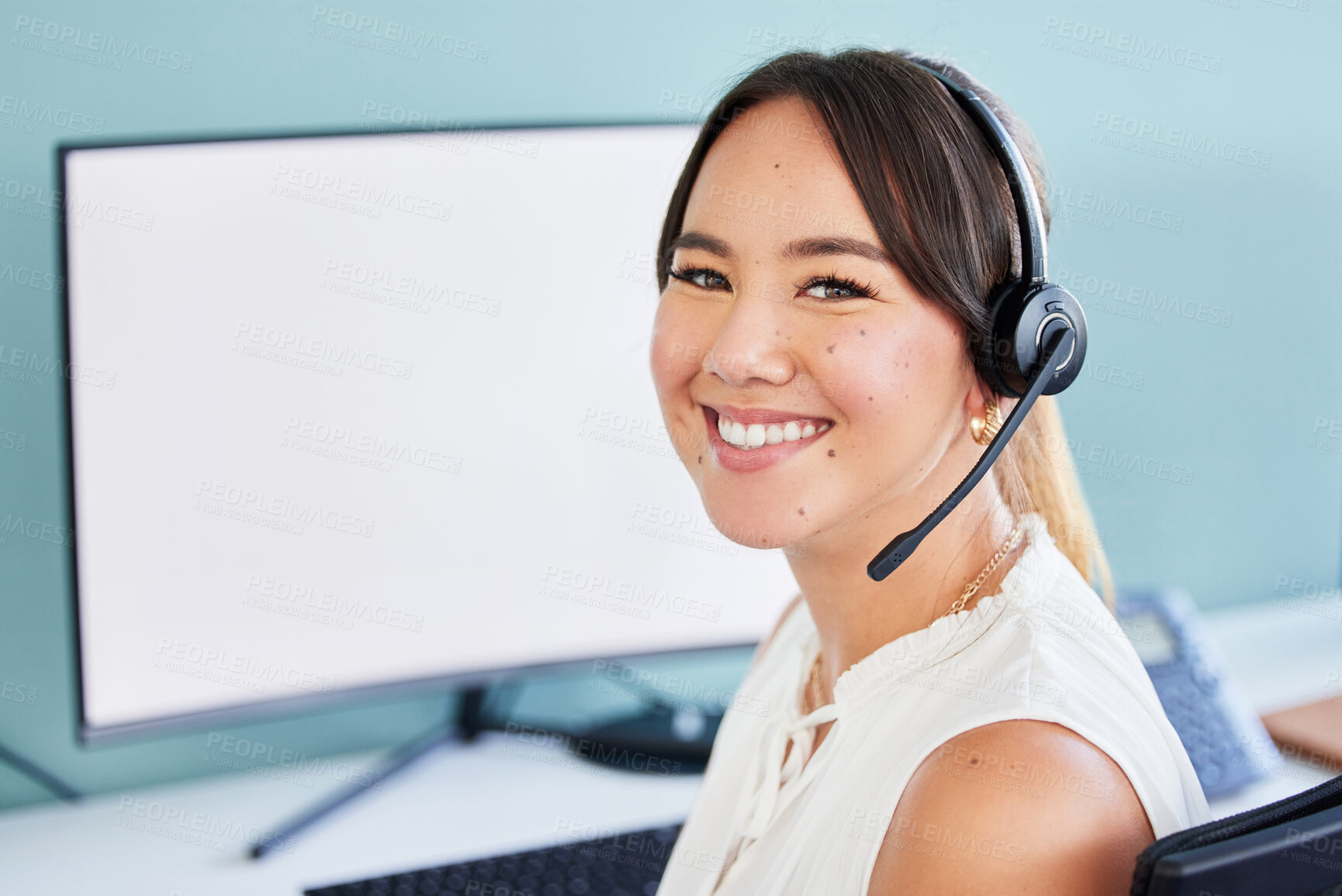 Buy stock photo Portrait, mockup or happy woman in call center for customer service, communication or contact service. Inbound sales, lead generation or virtual assistant with screen space, business loan or computer