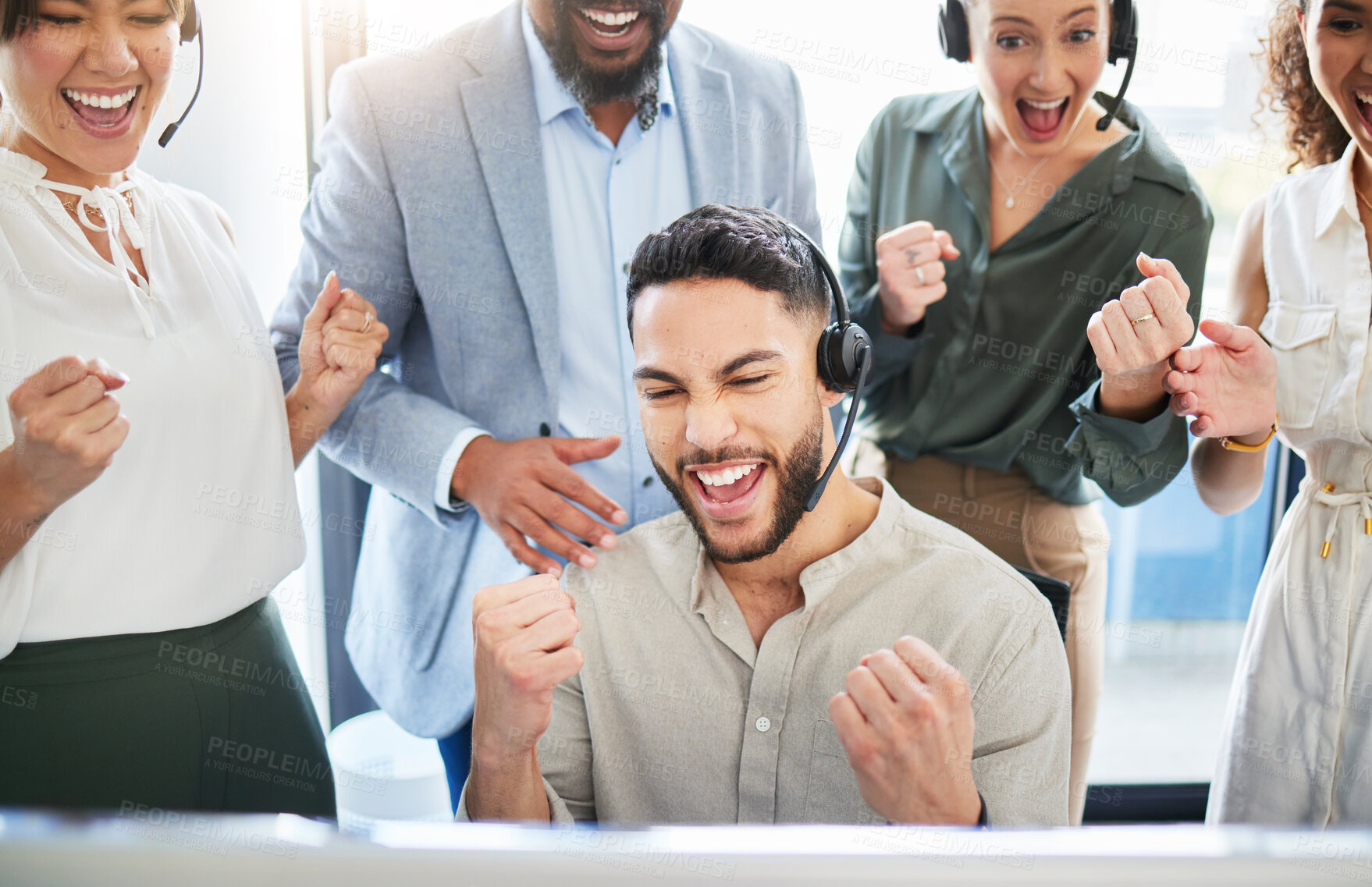 Buy stock photo Happy man, business people or celebration with fist in call center for reaching target, bonus or deadline. Group, computer and excited agent winning with record sales, deal or telemarketing victory