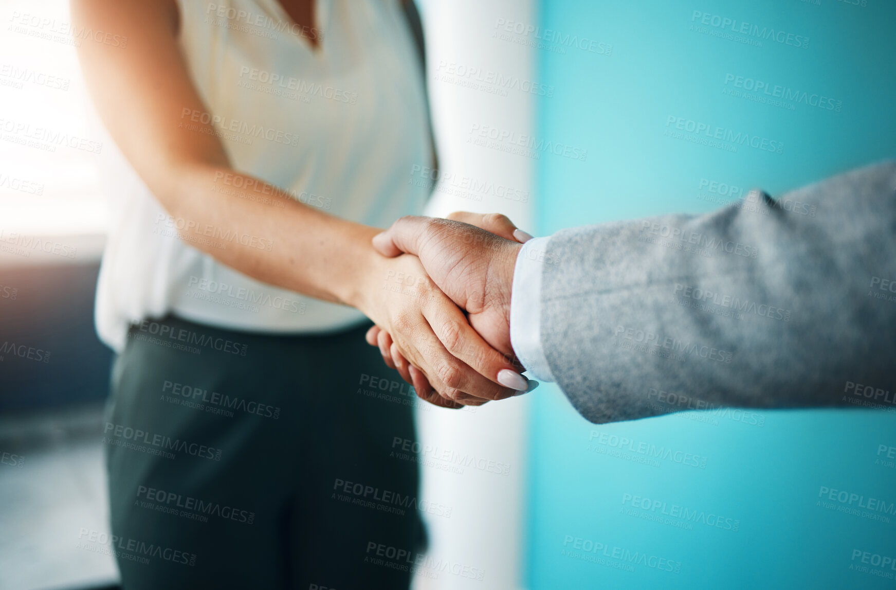 Buy stock photo Business people, b2b and handshake closeup for merger negotiation, funding agreement and deal. Corporate success, meeting and entrepreneur greeting investor for collaboration, trust and partnership