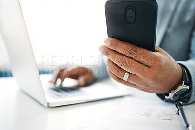 Buy stock photo Business person, hands and laptop with phone for corporate data, finance or connection at office. Closeup, employee or accountant with technology for financial planning, budget report or online app