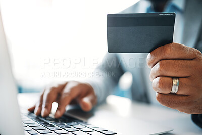 Buy stock photo Business person, credit card and hand with laptop for online shopping, subscription service or sale. Procurement officer, technology and website for ecommerce, internet payment or company purchase