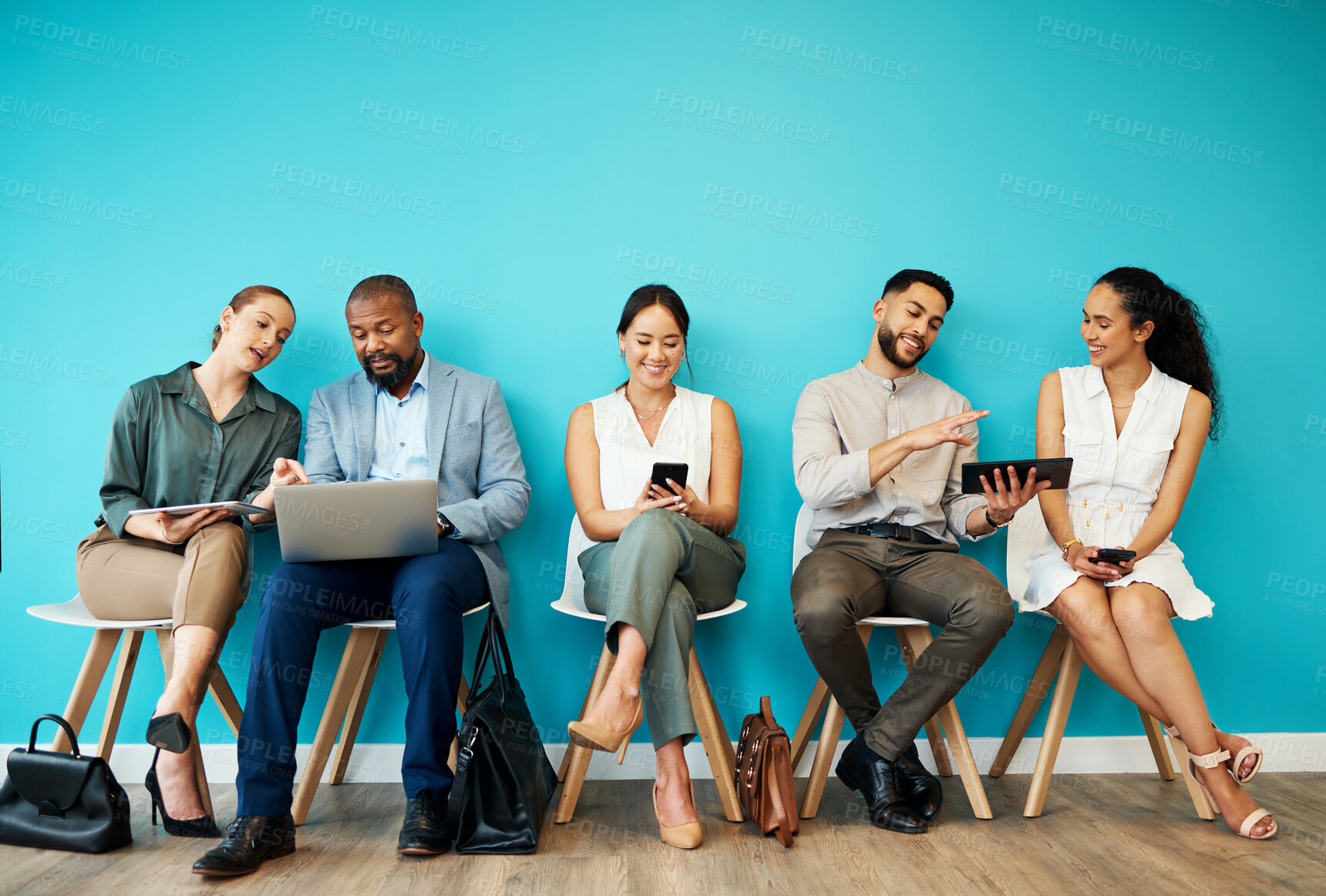 Buy stock photo Business people, waiting room and career search with technology for job opportunity or interview at office. Group, employees or candidates with laptop or phone in row for company hiring or recruiting