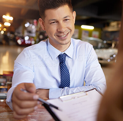 Buy stock photo Man, contract and meeting with client in car dealership, loan and finance for classic vehicle in shop. Salesman, documents and clipboard for discount, deal or agreement with payment plan in showroom