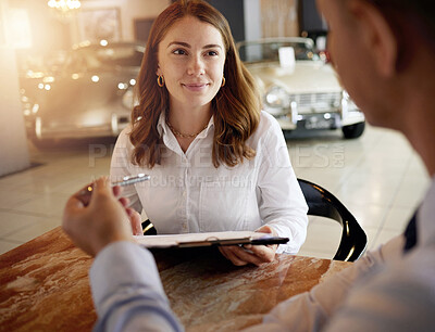 Buy stock photo Car salesman, contract and pen for woman with deal, loan and finance for classic vehicle in showroom. Man, documentation or paperwork for client, sale and agreement for lease, payment and signature