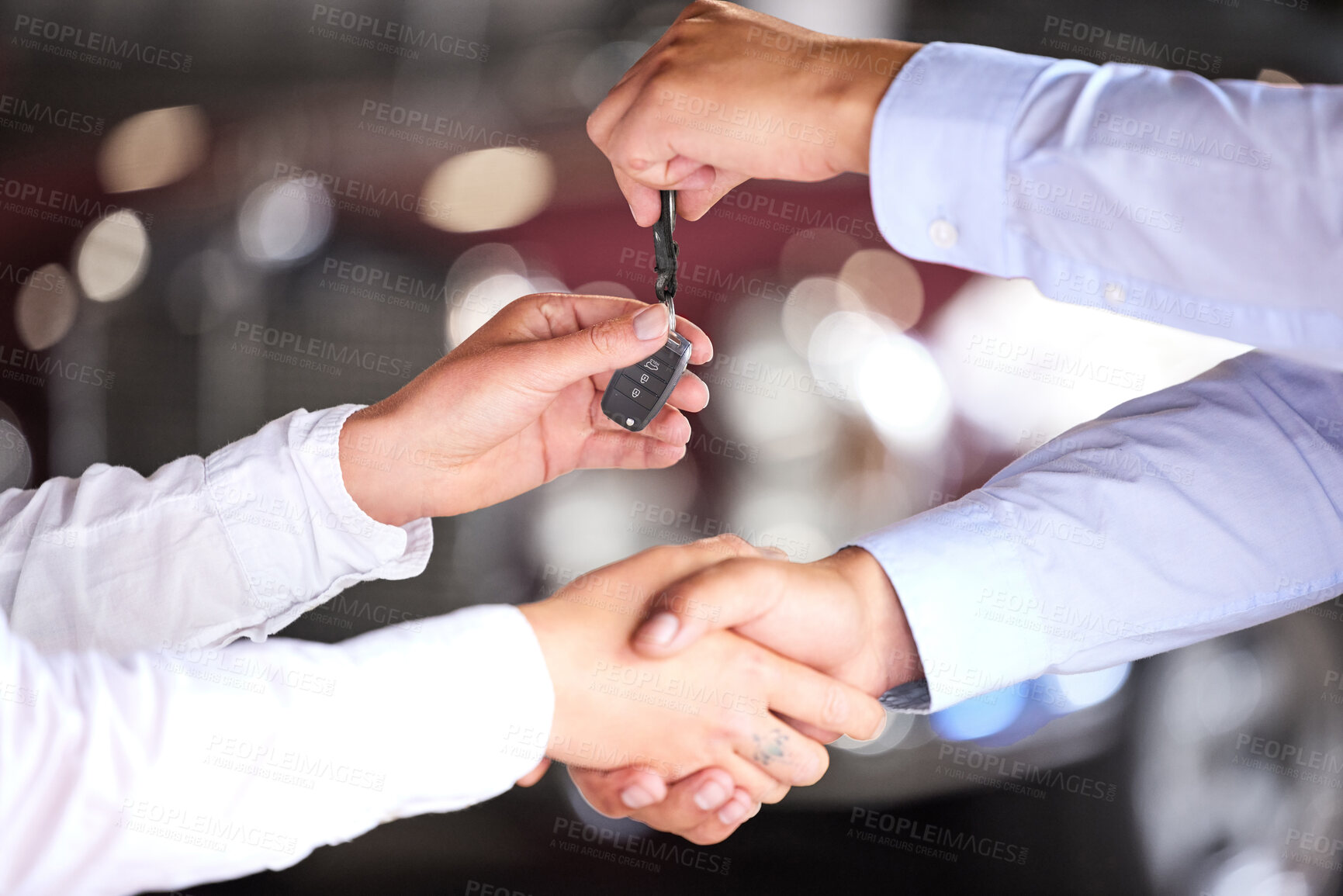 Buy stock photo Car salesman, keys and handshake with client for deal, loan or finance for vehicle in showroom. People, shaking hands or agreement for discount, sale or transportation with good customer experience