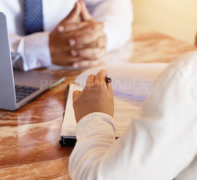 Buy stock photo Hands, notebook and writing with a human resources meeting for a job opportunity or vacancy. Flare, interview and recruitment with an hr manager hiring a candidate for business growth or development