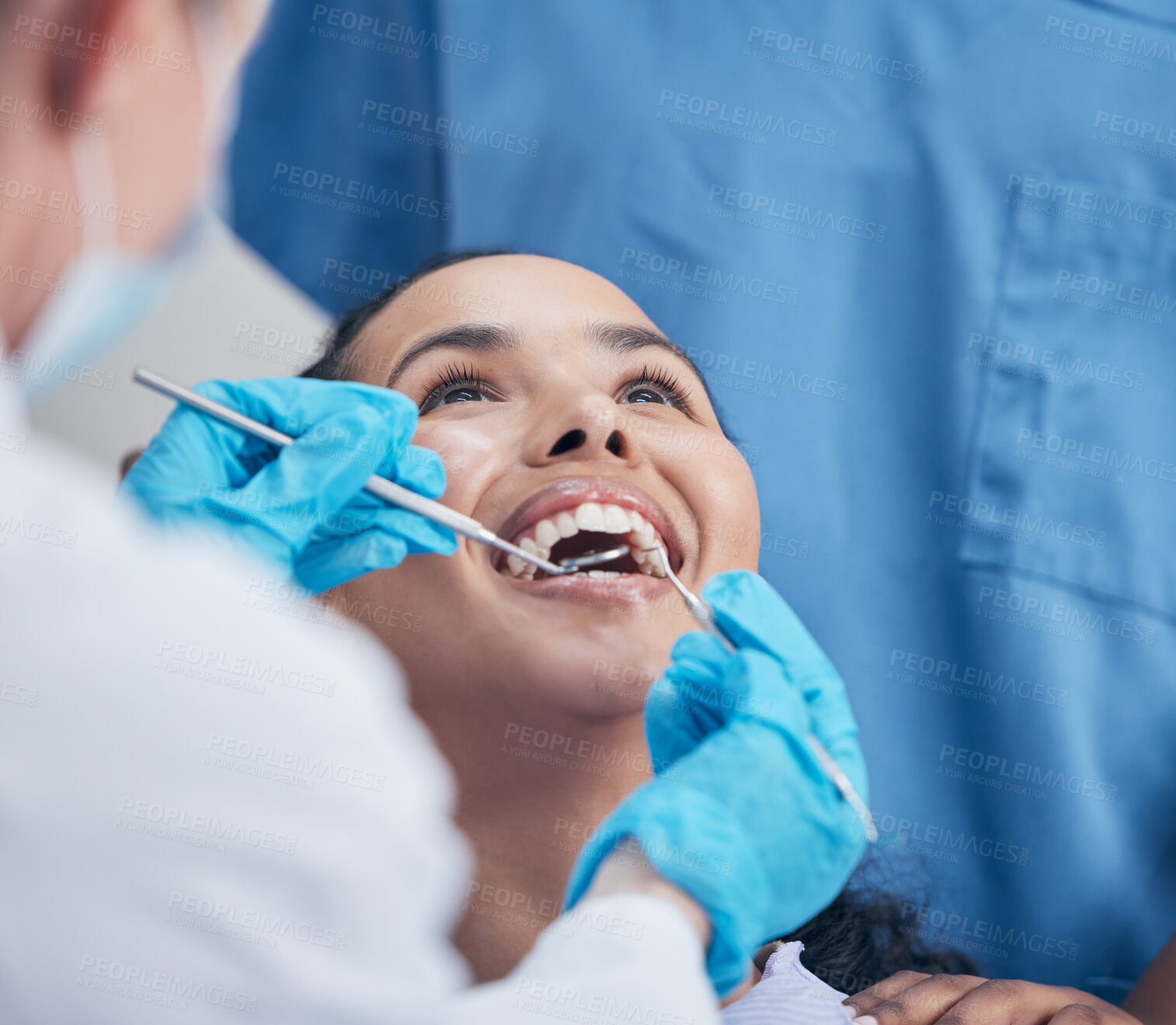 Buy stock photo Dental checkup, women and dentist with equipment, fresh breath or appointment for teeth whitening. People, professional or medical with patient, tools or remove plaque for gum disease and wellness