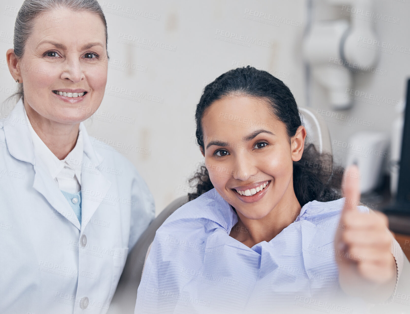 Buy stock photo Dentist, woman and smile in portrait with thumbs up for good job, well done and success for teeth whitening or results. Client, like and hand gesture for agreement with dental professional reputation