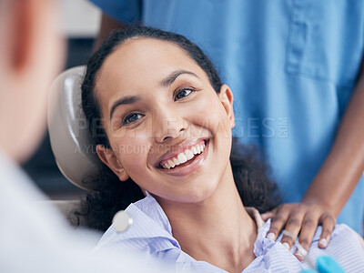 Buy stock photo Dentist, healthcare and woman with a smile, checkup and teeth with oral hygiene, treatment and cleaning gum bacteria. Female person, patient and lady with dental care, prevent tooth decay and disease