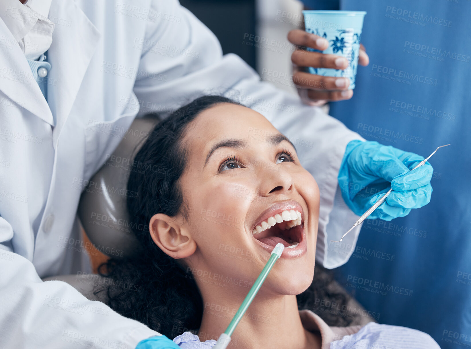 Buy stock photo Checkup, woman and dentist with tools, cleaning and appointment for teeth whitening. People, fresh breath or medical with patient in chair, equipment or remove plaque with gum disease or oral hygiene