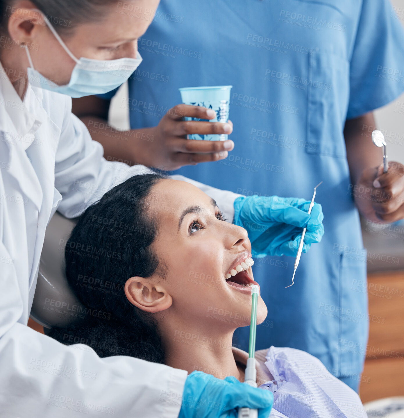 Buy stock photo Woman, dentist and mouth for cleaning, dental hygiene and oral care in clinic. Female person, cavities and medical procedure for wellness, surgery and tooth health with orthodontist in hospital