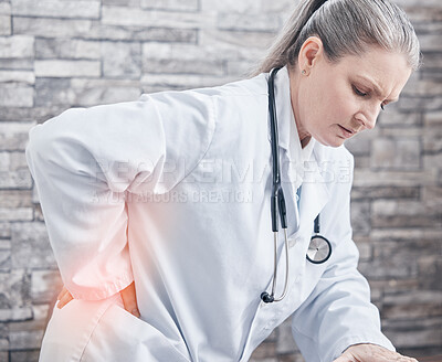 Buy stock photo Woman doctor, pain in back and stress in clinic with fatigue, bad posture and burnout for healthcare job. Senior lady, surgeon and muscle massage or problem with red anatomy glow for spine injury