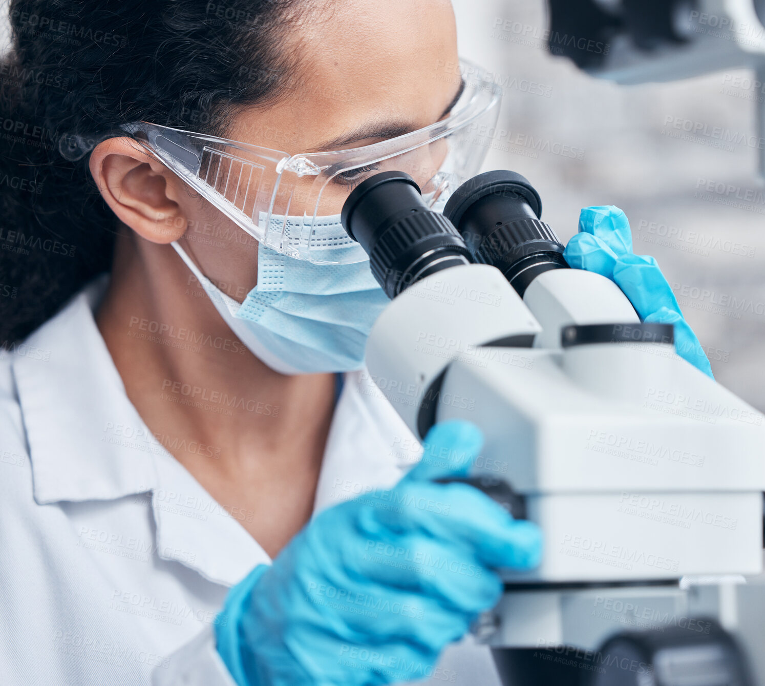 Buy stock photo Woman, microscope and ppe in laboratory for innovation, research and analysis of bacteria. Scientist, mask and test or examination for pharmaceutical company and investigation for medicine in clinic